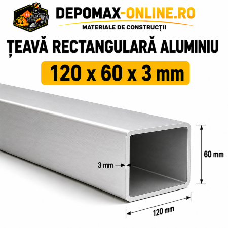 Teava rectangulara aluminiu 120 x 60 x 3 mm, 6 metri (EN AW-6060)